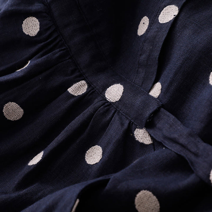 Buddha Stones Damen Midikleid aus Baumwolle und Leinen mit Punkten, V-Ausschnitt, Schnürung und Taschen