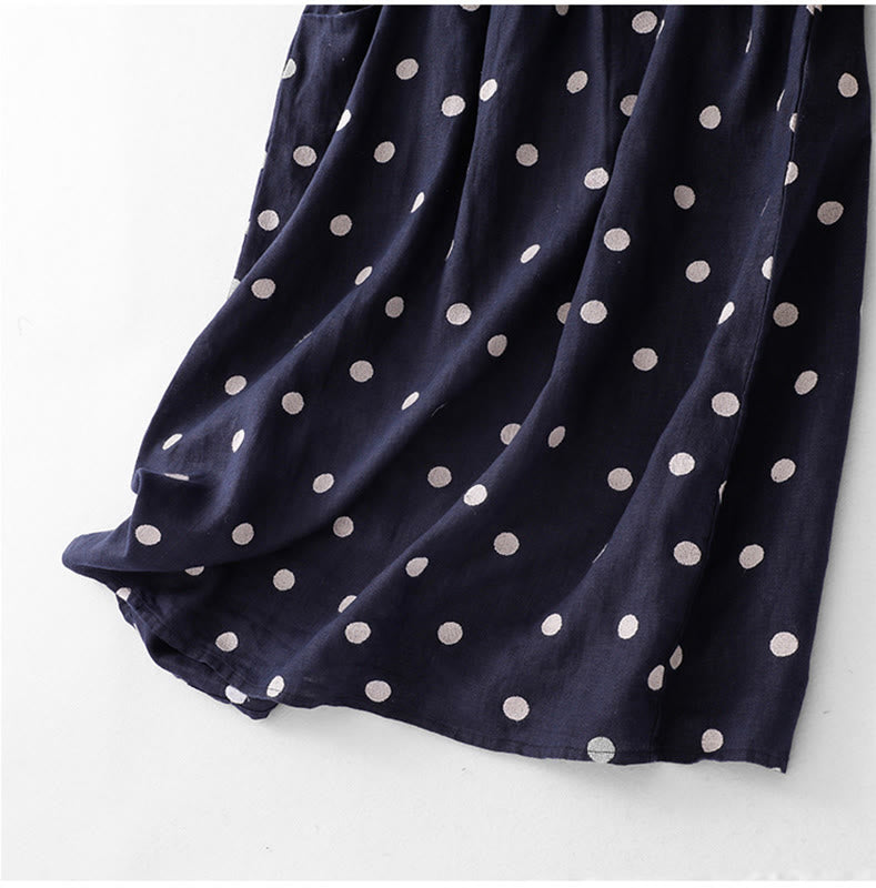 Buddha Stones Damen Midikleid aus Baumwolle und Leinen mit Punkten, V-Ausschnitt, Schnürung und Taschen