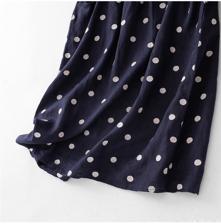 Buddha Stones Damen Midikleid aus Baumwolle und Leinen mit Punkten, V-Ausschnitt, Schnürung und Taschen