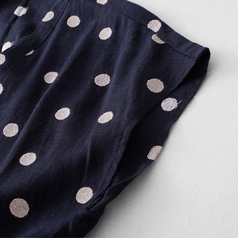 Buddha Stones Damen Midikleid aus Baumwolle und Leinen mit Punkten, V-Ausschnitt, Schnürung und Taschen