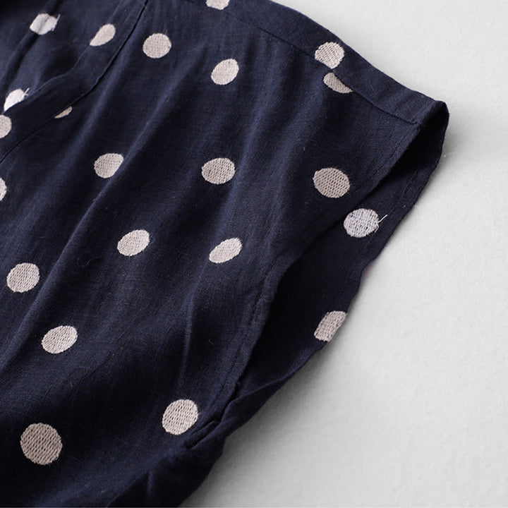 Buddha Stones Damen Midikleid aus Baumwolle und Leinen mit Punkten, V-Ausschnitt, Schnürung und Taschen