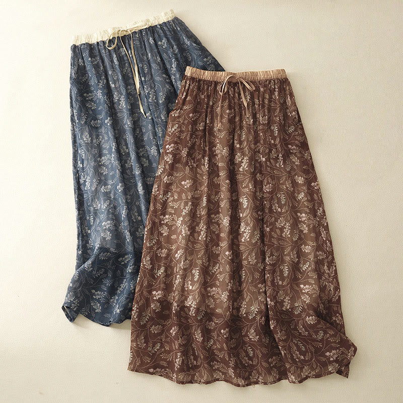 Buddha Stones Damenrock aus Baumwolle und Leinen mit Blumenmuster, A-Linie, elastischer Bund und Taschen - image 1