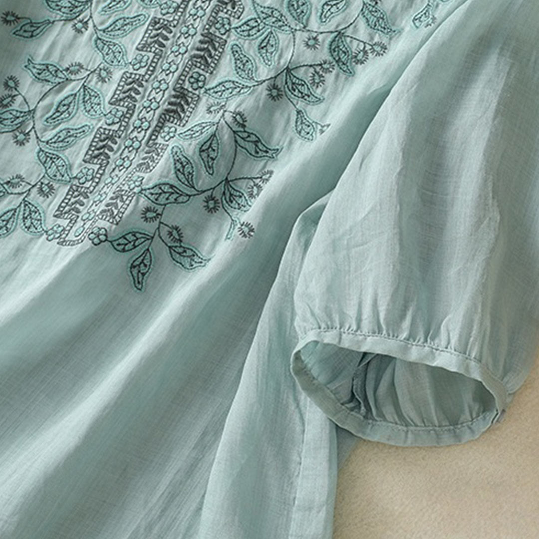 Lässiges Damen-T-Shirt aus Baumwolle und Leinen mit halblangen Ärmeln und bestickter Spitze mit Buddha Stones - image 19