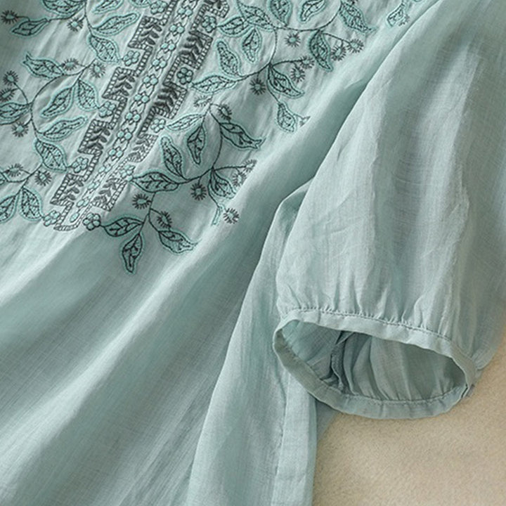 Lässiges Damen-T-Shirt aus Baumwolle und Leinen mit halblangen Ärmeln und bestickter Spitze mit Buddha Stones - image 19