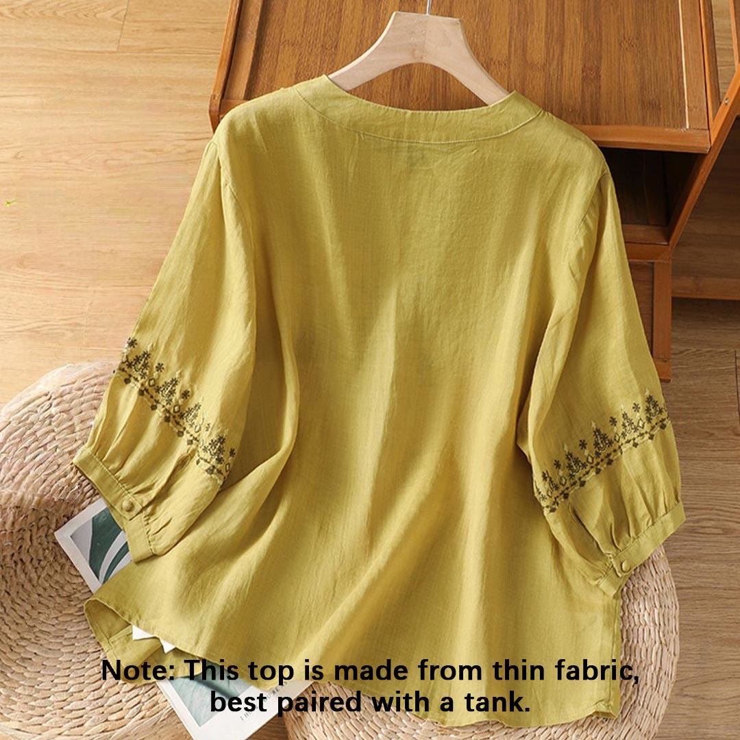 Buddha Stones Symmetrische Stickerei Baumwolle Damen Rundhalsshirt - image 17