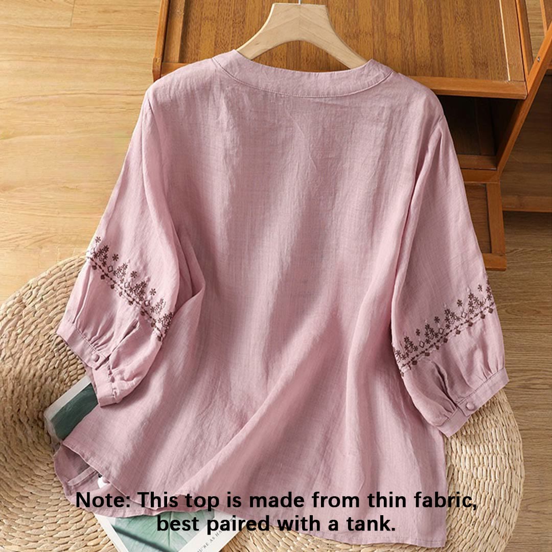 Buddha Stones Symmetrische Stickerei Baumwolle Damen Rundhalsshirt - image 8