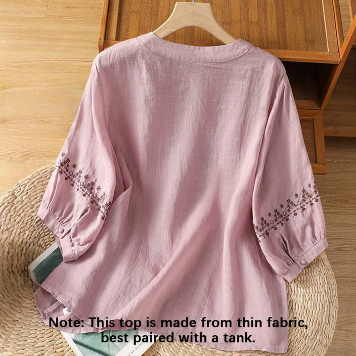 Buddha Stones Symmetrische Stickerei Baumwolle Damen Rundhalsshirt - image 8