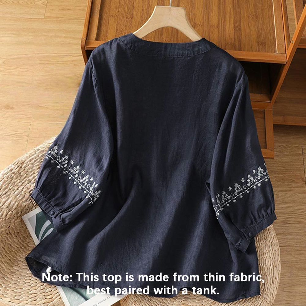Buddha Stones Symmetrische Stickerei Baumwolle Damen Rundhalsshirt - image 2