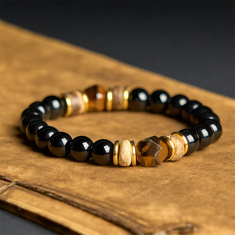 Buddha Stones Schwarze Obsidianperlen Sektionales Tigerauge-Stein-Reinigungsarmband