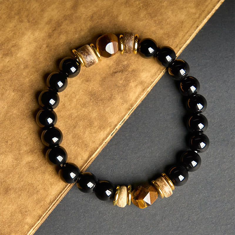 Buddha Stones Schwarze Obsidianperlen Sektionales Tigerauge-Stein-Reinigungsarmband