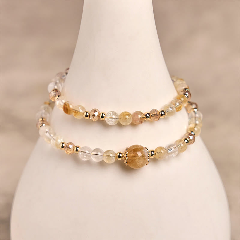 Buddha Stones Armband aus natürlichem Citrin und rosa Kristallperlen, für Freude und Kreativität, doppellagig