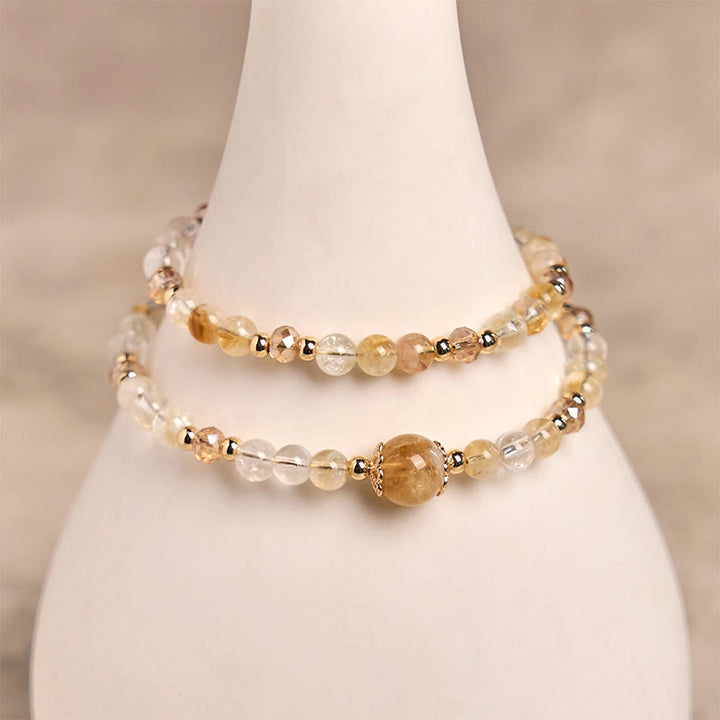 Buddha Stones Armband aus natürlichem Citrin und rosa Kristallperlen, für Freude und Kreativität, doppellagig