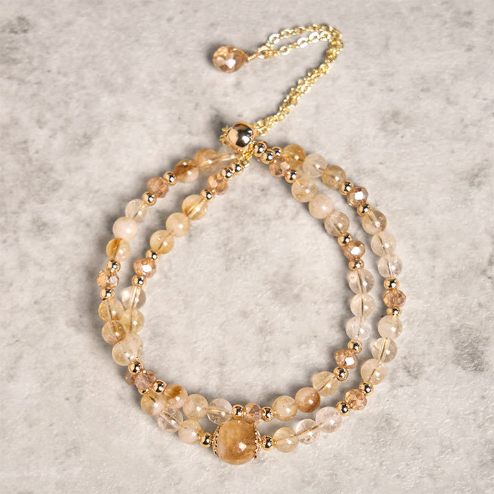 Buddha Stones Armband aus natürlichem Citrin und rosa Kristallperlen, für Freude und Kreativität, doppellagig