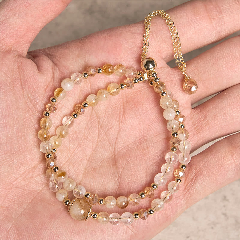 Buddha Stones Armband aus natürlichem Citrin und rosa Kristallperlen, für Freude und Kreativität, doppellagig