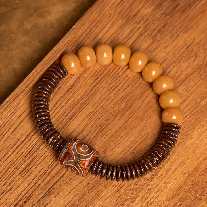 Buddha Stones Tibetisches Bodhi-Samen-Dzi-Perlen-Kokosnussschalen-Weisheitsarmband