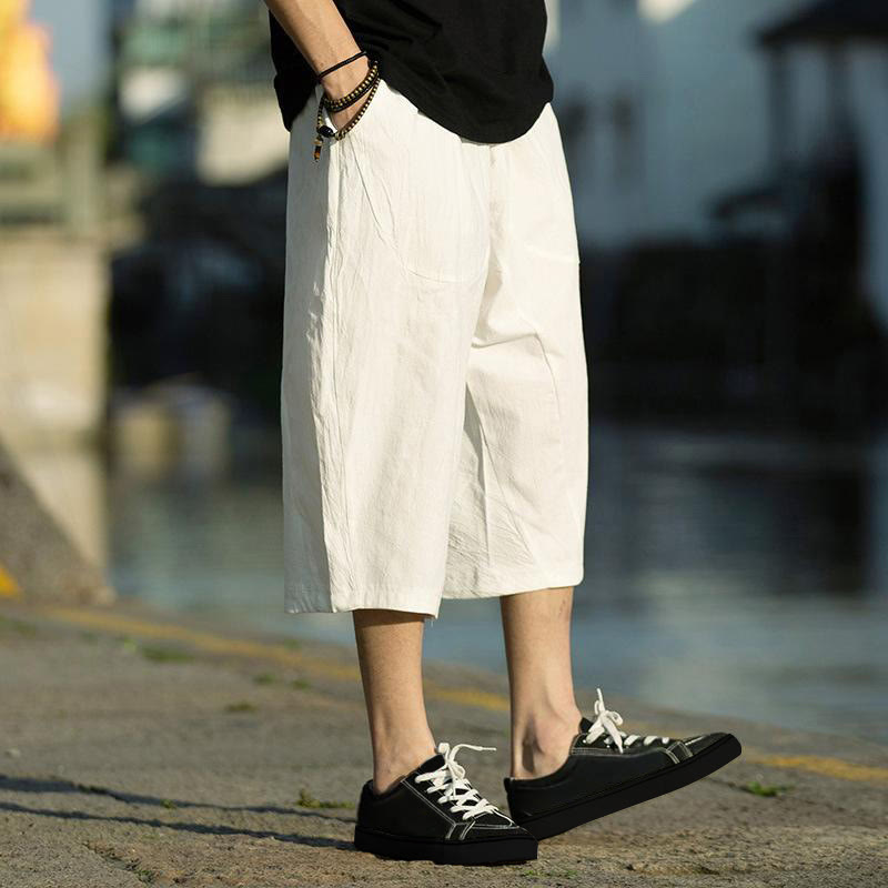 Buddha Stones Sommerhose aus Baumwollleinen mit Taschen, einfarbig, Faltendesign, Kordelzug, Herrengröße 7–8 - image 28