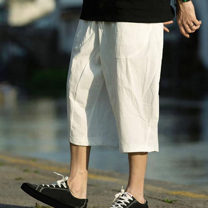 Buddha Stones Sommerhose aus Baumwollleinen mit Taschen, einfarbig, Faltendesign, Kordelzug, Herrengröße 7–8 - image 27