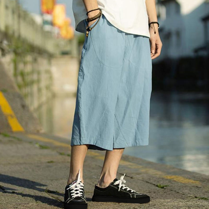 Buddha Stones Sommerhose aus Baumwollleinen mit Taschen, einfarbig, Faltendesign, Kordelzug, Herrengröße 7–8 - image 30