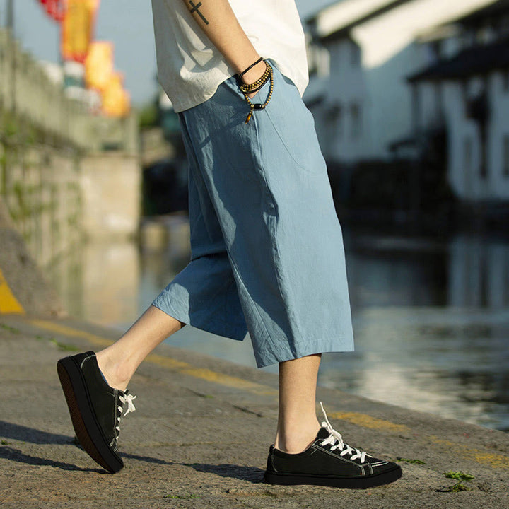 Buddha Stones Sommerhose aus Baumwollleinen mit Taschen, einfarbig, Faltendesign, Kordelzug, Herrengröße 7–8 - image 31