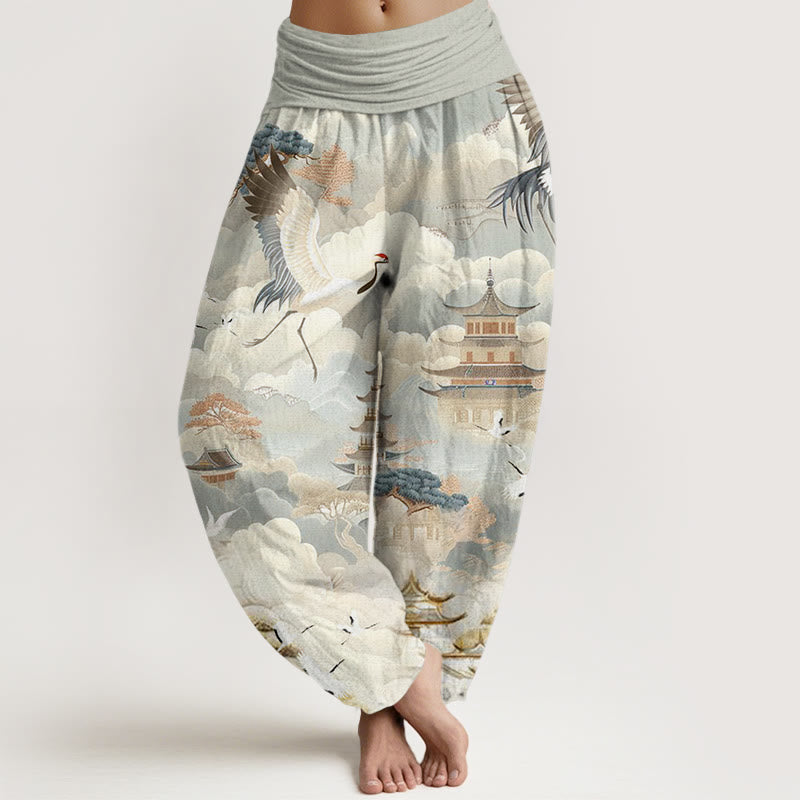 Buddha Stones Casual Kraniche Wolken Pagoden Muster Damen Haremshose - DunkelMeergrün - US22， UK/AU26，EU54 (6XL) - image 1