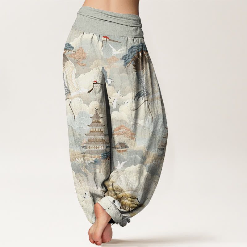 Buddha Stones Casual Kraniche Wolken Pagoden Muster Damen Haremshose - image 2