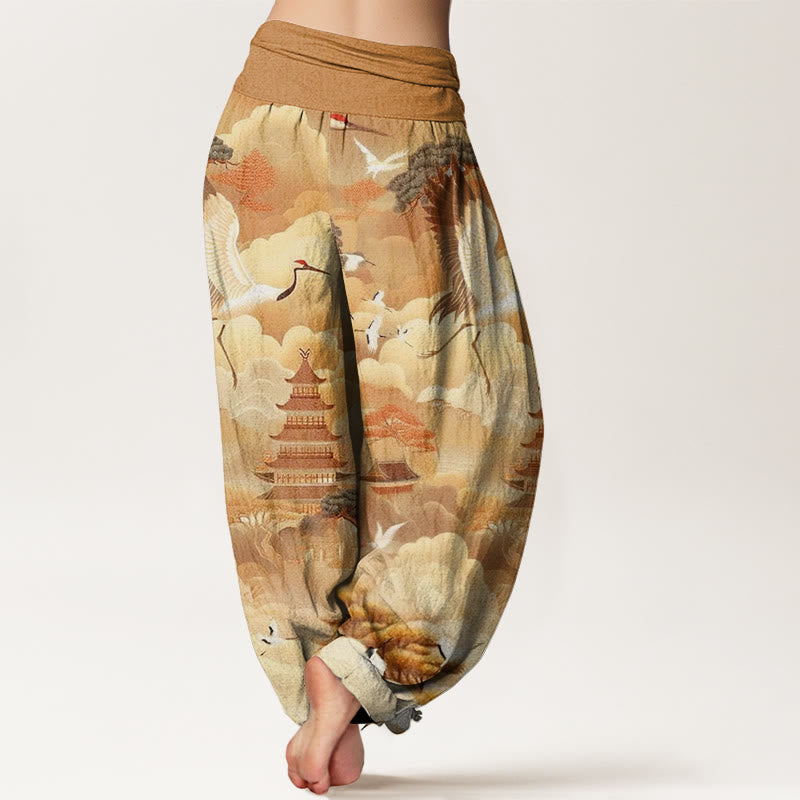 Buddha Stones Casual Kraniche Wolken Pagoden Muster Damen Haremshose - image 9