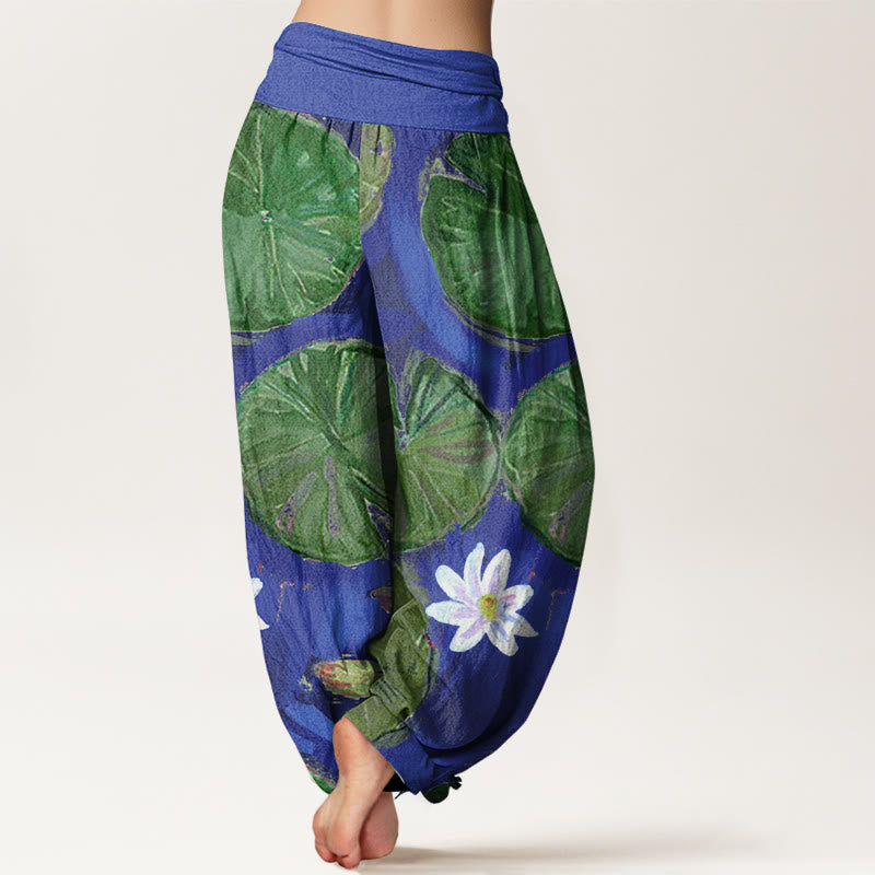 Buddha Stones Lässige Haremshose für Damen mit grünem Lotusblatt- und weißem Blumenmuster - image 2