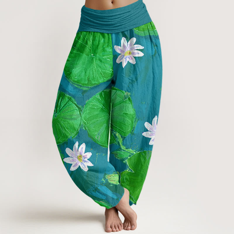 Buddha Stones Lässige Haremshose für Damen mit grünem Lotusblatt- und weißem Blumenmuster - HellMeerGrün - US22， UK/AU26，EU54 (6XL) - image 5