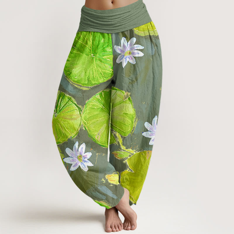 Buddha Stones Lässige Haremshose für Damen mit grünem Lotusblatt- und weißem Blumenmuster - DunkelMeergrün - US22， UK/AU26，EU54 (6XL) - image 8