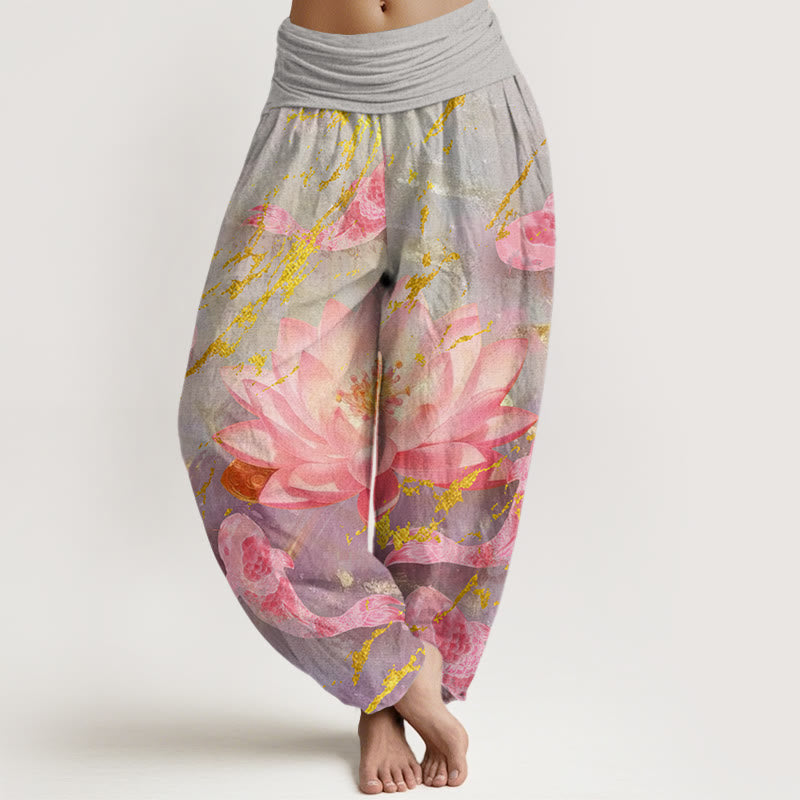 Lässige Haremshose aus Baumwolle mit Buddha Stones, Lotusblumen- und Koi-Fischmuster für Damen - Dunkelgrau - US22, UK/AU26, EU54 (6XL) - image 0