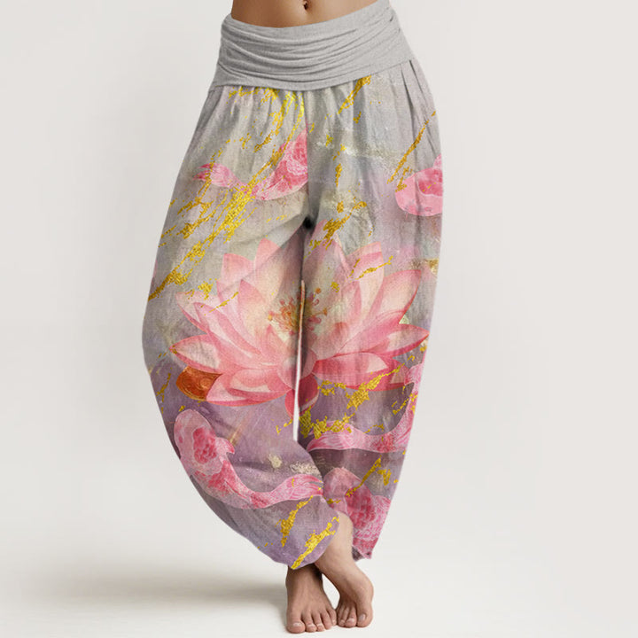 Lässige Haremshose aus Baumwolle mit Buddha Stones, Lotusblumen- und Koi-Fischmuster für Damen - Dunkelgrau - US22, UK/AU26, EU54 (6XL) - image 0