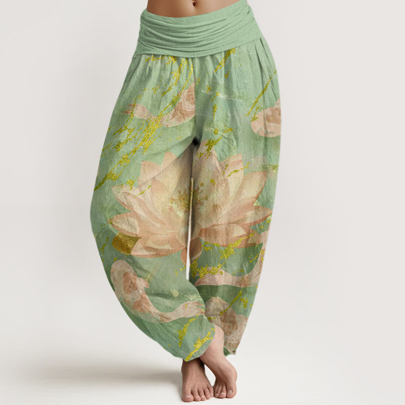 Lässige Haremshose aus Baumwolle mit Buddha Stones, Lotusblumen- und Koi-Fischmuster für Damen - Hellgrün - US22, UK/AU26, EU54 (6XL) - image 4
