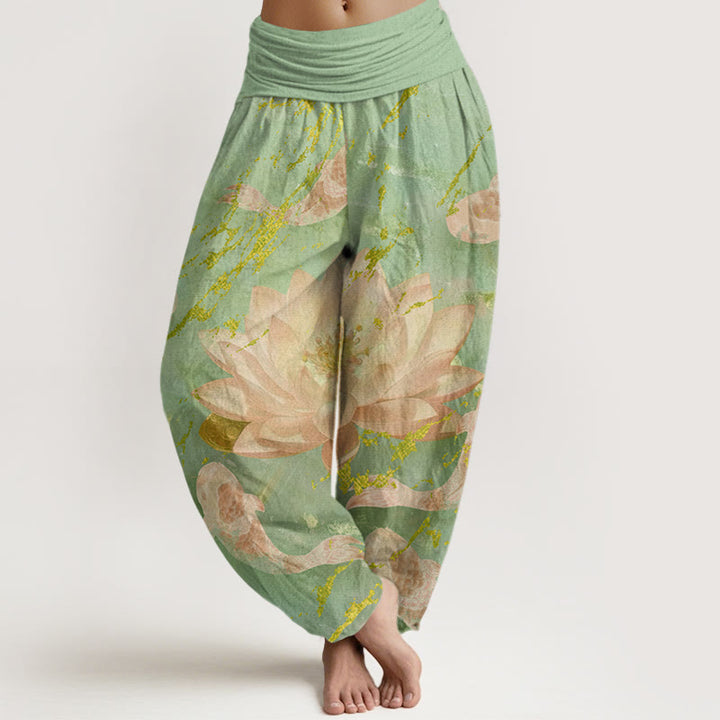 Lässige Haremshose aus Baumwolle mit Buddha Stones, Lotusblumen- und Koi-Fischmuster für Damen - Hellgrün - US22, UK/AU26, EU54 (6XL) - image 4