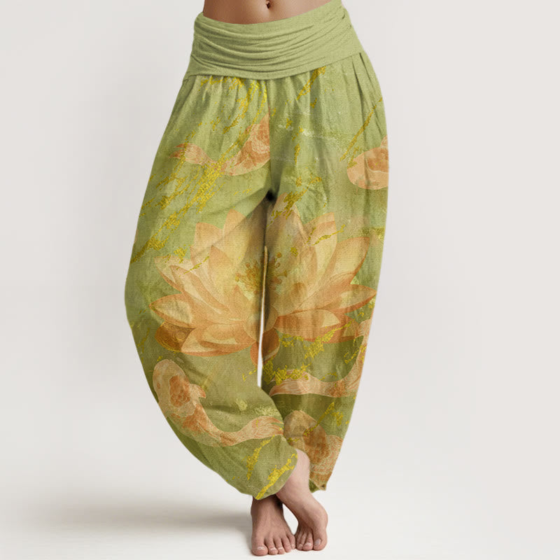 Lässige Haremshose aus Baumwolle mit Buddha Stones, Lotusblumen- und Koi-Fischmuster für Damen - GrünGelb - US22, UK/AU26, EU54 (6XL) - image 7