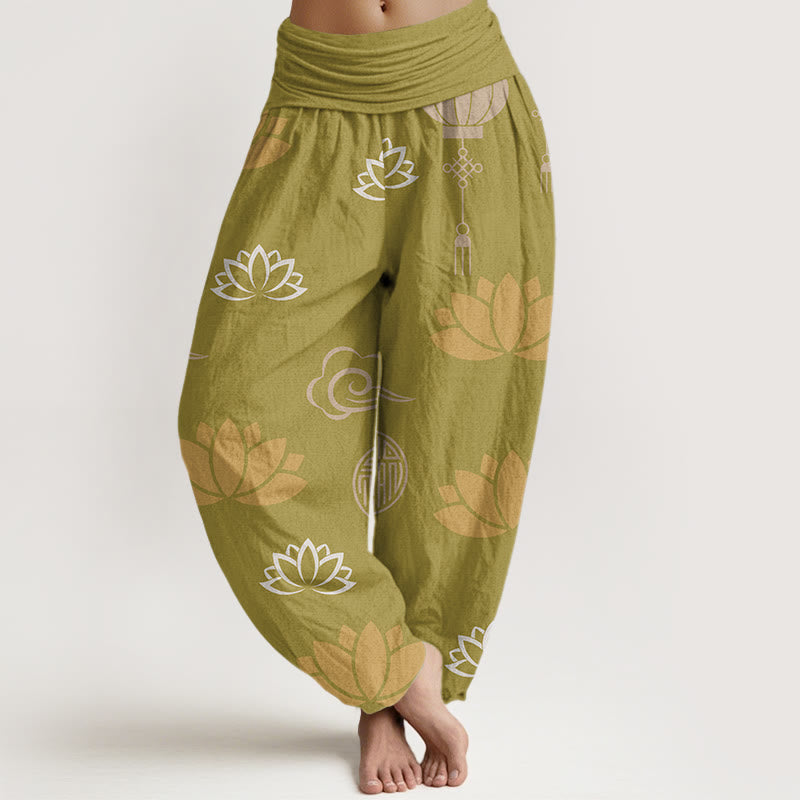 Buddha Stones Casual Lotusblumen Laternen Wolkenmuster Damen Haremshose - Goldrute - US22， UK/AU26，EU54 (6XL) - image 1