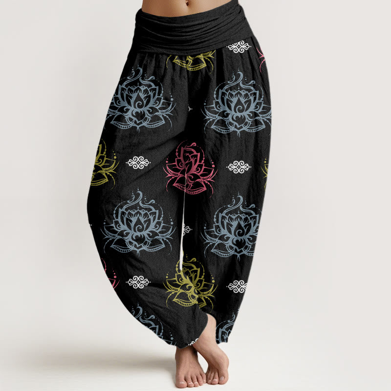 Buddha Stones Casual Verschiedene Farben Lotusblumen Muster Damen Haremshose - Schwarz - US22， UK/AU26，EU54 (6XL) - image 1