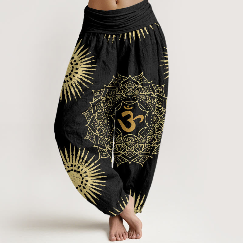 Lässige Haremshose aus Baumwolle mit Buddha Stones , Mandala-Om-Symbol und Sonnenmuster für Damen - Schwarz - US22, UK/AU26, EU54 (6XL) - image 0