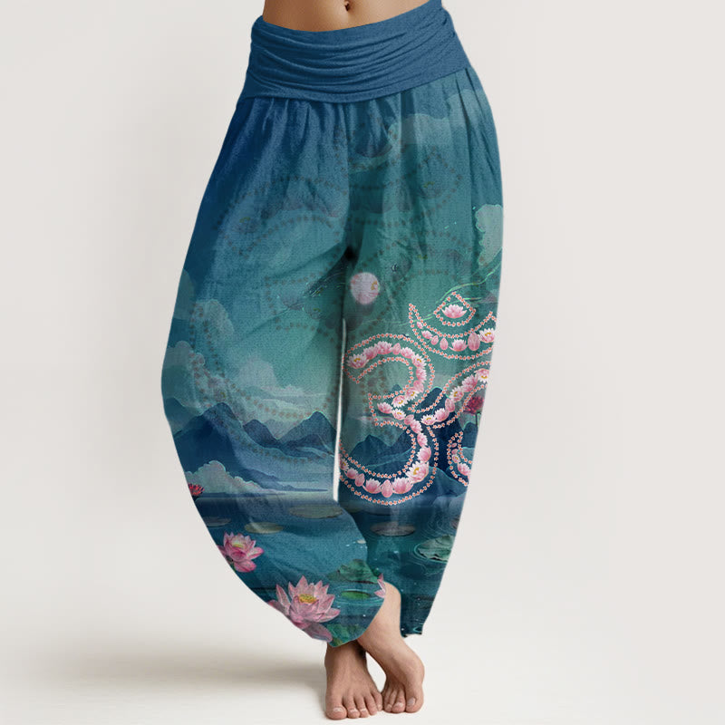 Buddha Stones Casual Lotusblumen Om Symbol Berge See Muster Damen Haremshose - Blaugrün - US22， UK/AU26，EU54 (6XL) - image 1