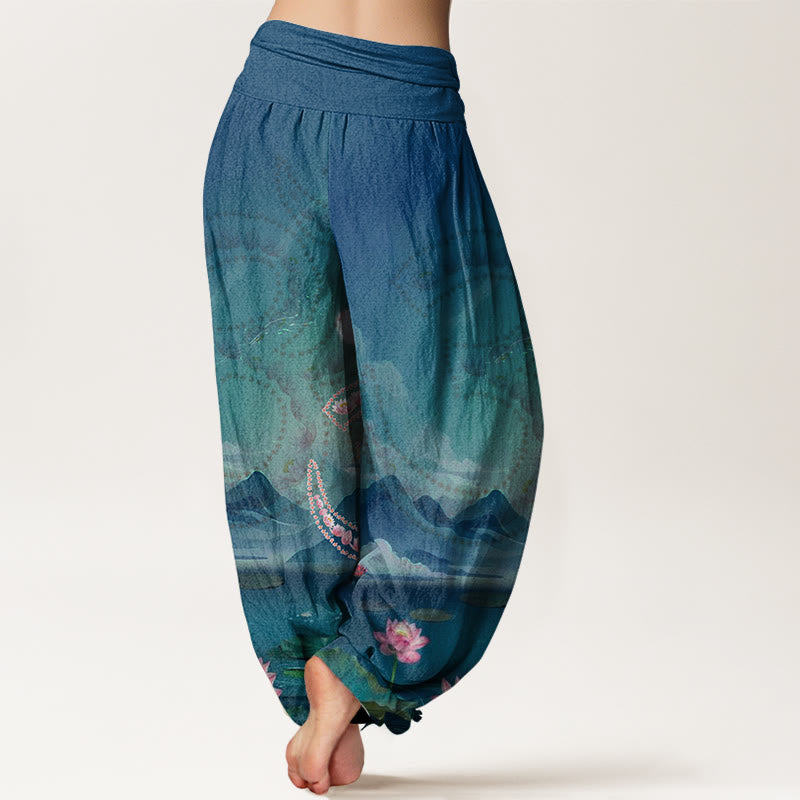Buddha Stones Casual Lotusblumen Om Symbol Berge See Muster Damen Haremshose - image 2