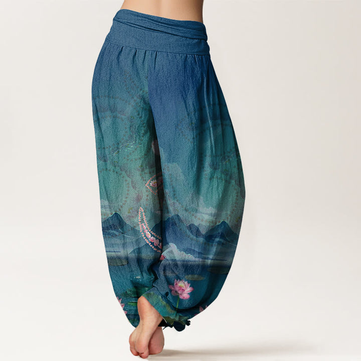 Buddha Stones Casual Lotusblumen Om Symbol Berge See Muster Damen Haremshose - image 2