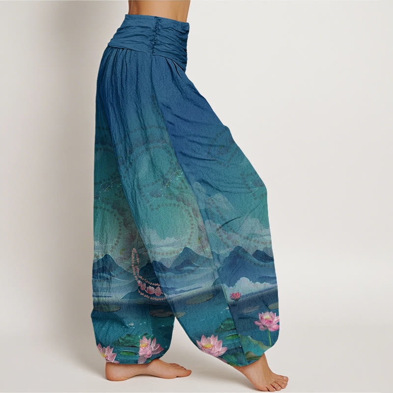 Buddha Stones Casual Lotusblumen Om Symbol Berge See Muster Damen Haremshose - image 3