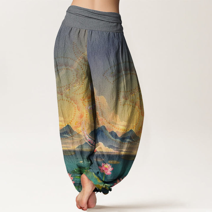 Buddha Stones Casual Lotusblumen Om Symbol Berge See Muster Damen Haremshose - image 6