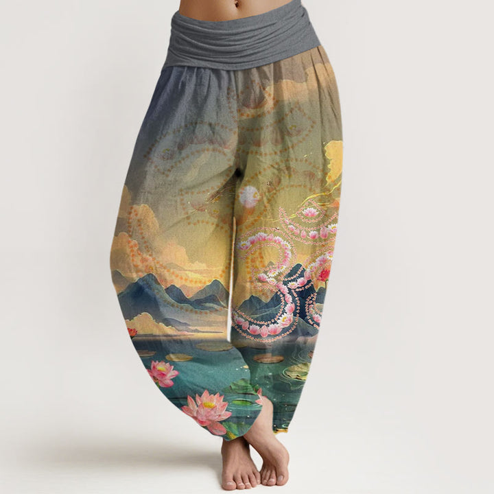 Buddha Stones Casual Lotusblumen Om Symbol Berge See Muster Damen Haremshose - Grau - US22， UK/AU26，EU54 (6XL) - image 5