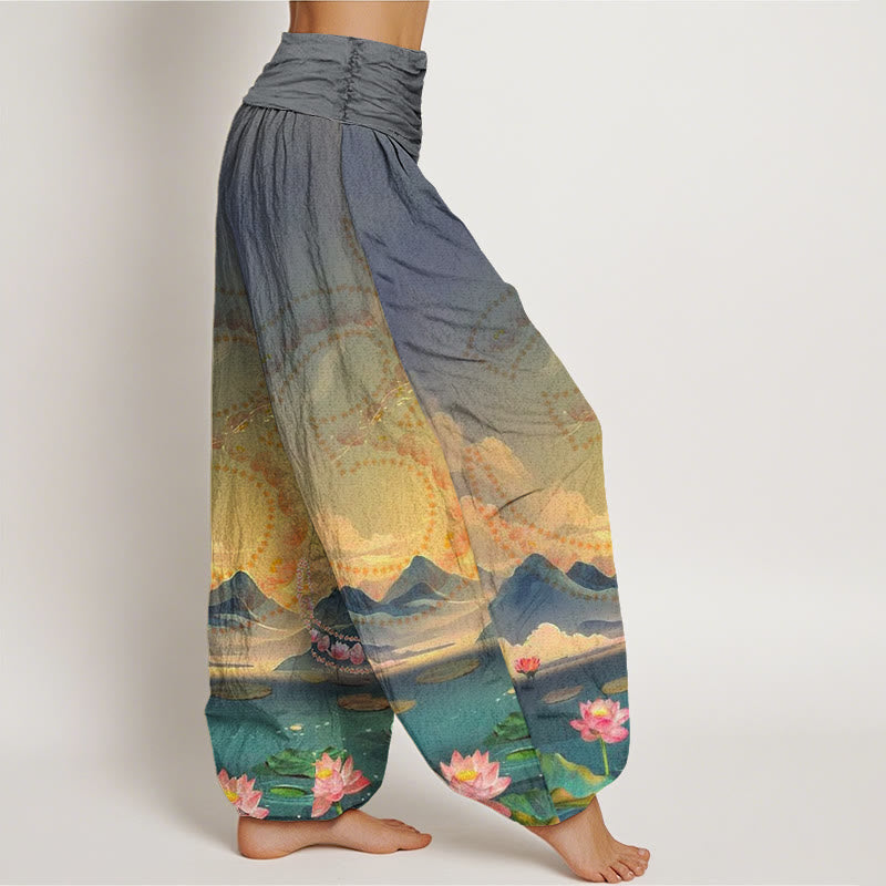 Buddha Stones Casual Lotusblumen Om Symbol Berge See Muster Damen Haremshose - image 7