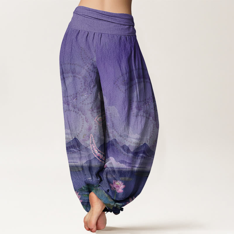 Buddha Stones Casual Lotusblumen Om Symbol Berge See Muster Damen Haremshose - image 9
