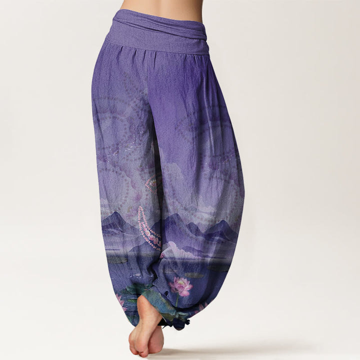 Buddha Stones Casual Lotusblumen Om Symbol Berge See Muster Damen Haremshose - image 9