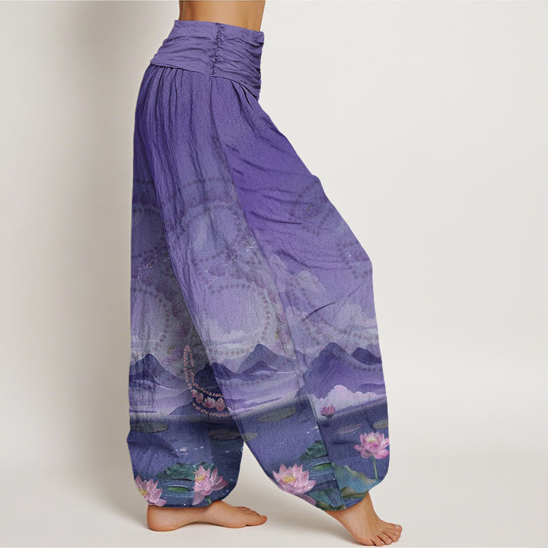 Buddha Stones Casual Lotusblumen Om Symbol Berge See Muster Damen Haremshose - image 10