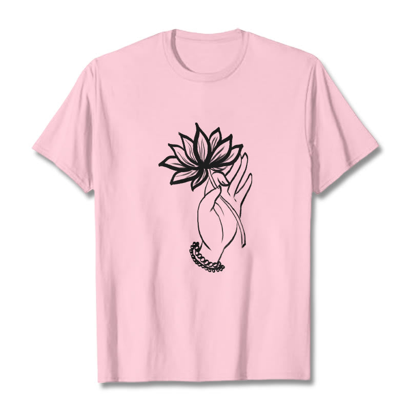 Buddha Stones Lässiges Baumwoll-T-Shirt mit Lotusblumenmuster - Hellrosa - 2XL - image 13