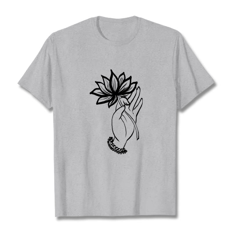 Buddha Stones Lässiges Baumwoll-T-Shirt mit Lotusblumenmuster - Hellgrau - 2XL - image 20