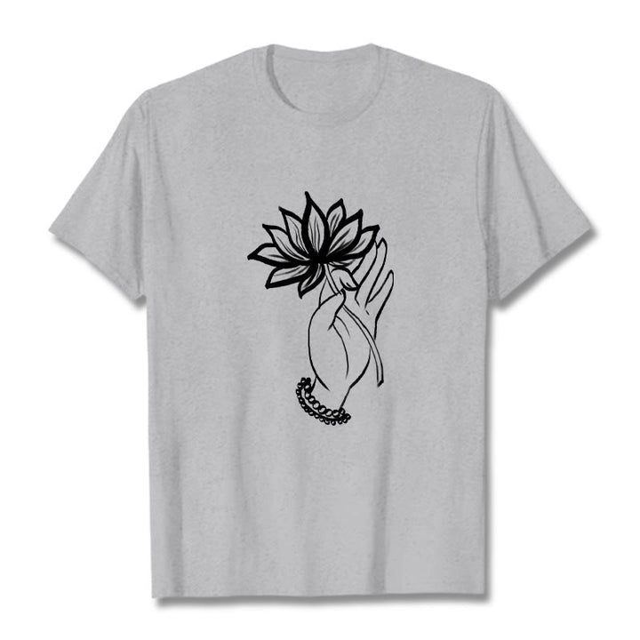 Buddha Stones Lässiges Baumwoll-T-Shirt mit Lotusblumenmuster - Hellgrau - 2XL - image 20